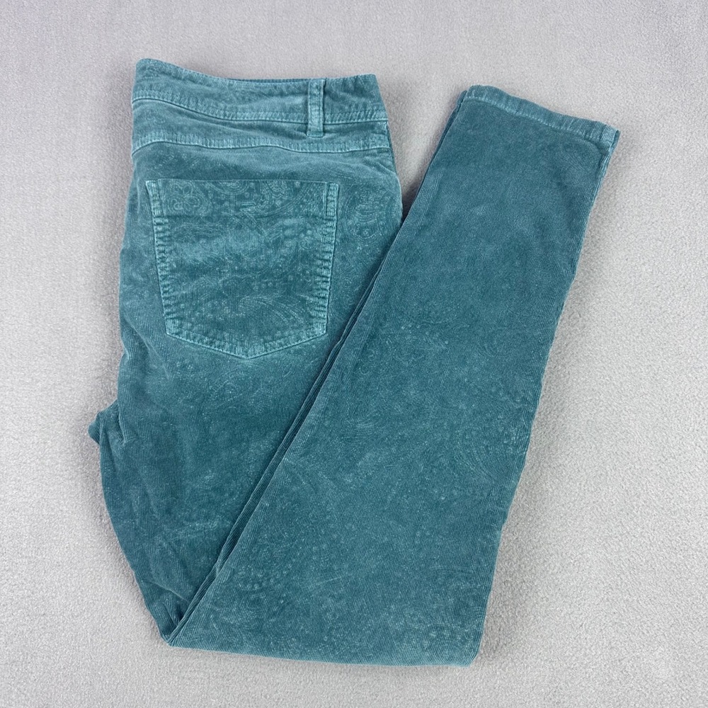 Elle Teal Green Paisley Corduroy Skinny Pants Womens 12R Mid Rise Damask Print